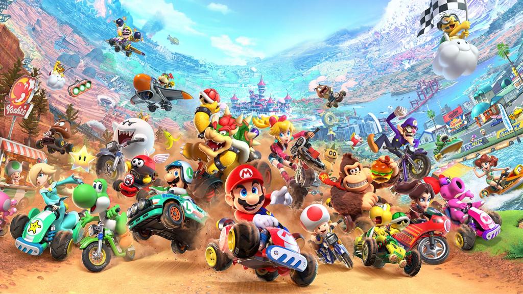 Affiche du jeu Mario Kart World avec les personnages sur des karts, tournoi découverte à Caux, Hérault