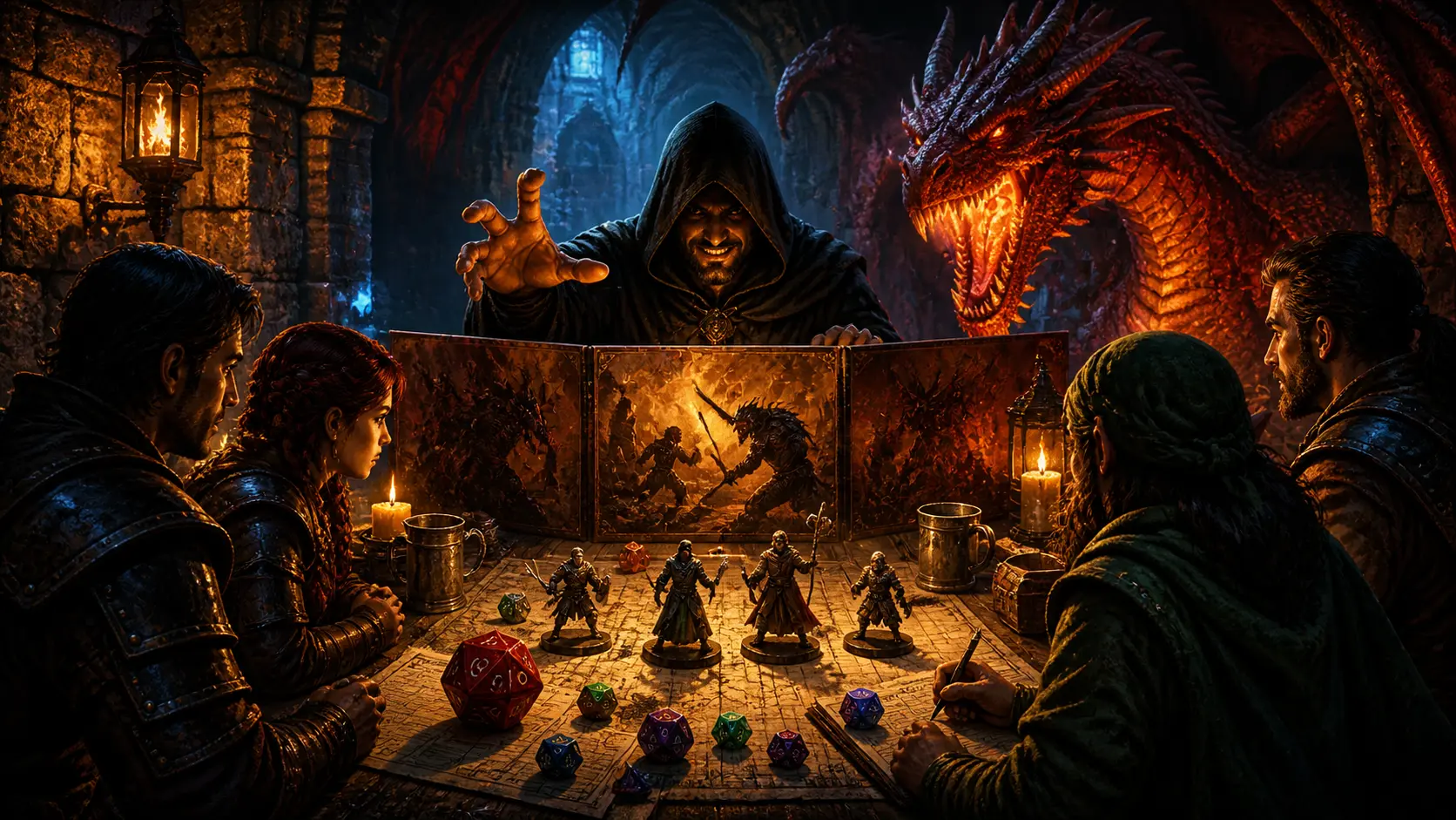 Scène fantastique de jeu de rôle avec un maître du jeu, des dés, des figurines et un dragon dans une ambiance de donjon