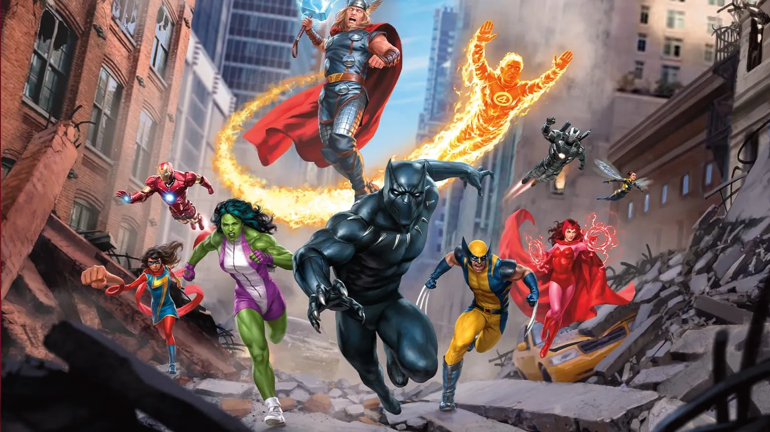 Illustration de super-héros en action pour le Draft MTG Marvel Super Heroes organisé par MizouTCG au club Gaming & Caux.