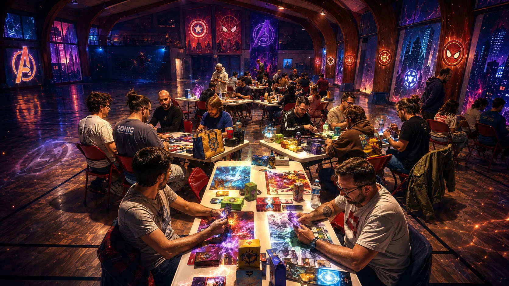 Illustration d’une soirée Gaming & Caux avec des joueurs autour de tables de cartes, ambiance super-héros lumineuse et effets magiques dans la salle du club.